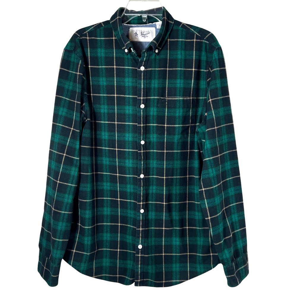Original Penguin‎ Mens Green Black Plaid Flannel Button Down Shirt Large L/G